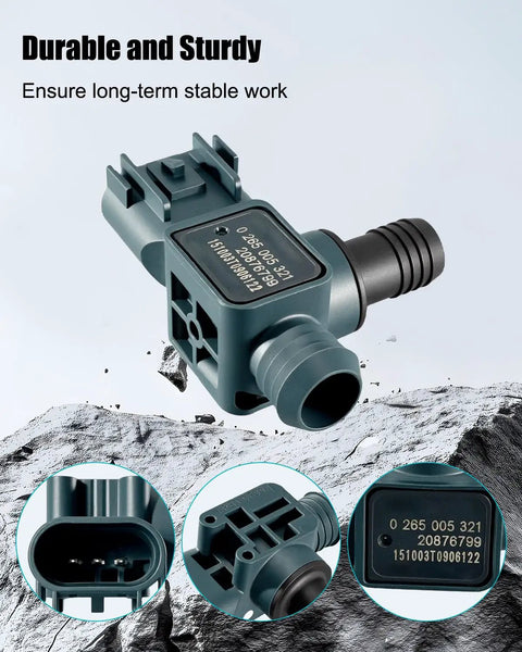 Front angled view of a green 3-pin power brake booster sensor with hose port and connector.