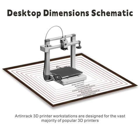 Desktop dimensions schematic showing size range for Artinrack 3D printer stand with illustration of a 3D printer.