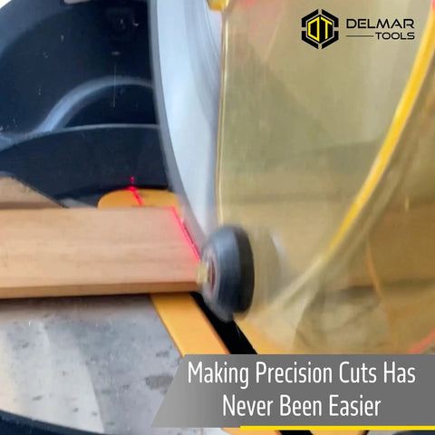 Precision Laser Guide For Miter And Portable Saws That Turns On With The Saw Delivers Ultra Bright Red Alignment Line For Clean Accurate Cuts Easy Install In Minutes Fits Most Saws With A Three Eighths Inch Arbor Delmar Tools showing red laser line on wood