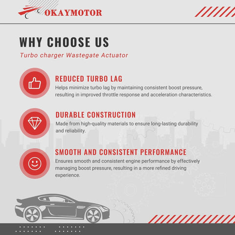 Infographic for Turbo Charger Wastegate Actuator showcasing benefits like reduced turbo lag, durable construction, and performance.