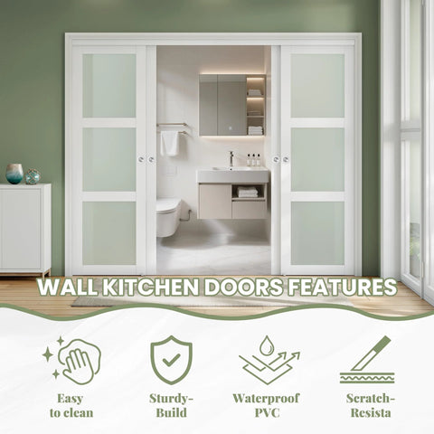Sliding Closet Door 112x80 Inches Bypass Frosted Glass 3 Lite With Hardware Kit Included Preassembled MDF With PVC Panels White
