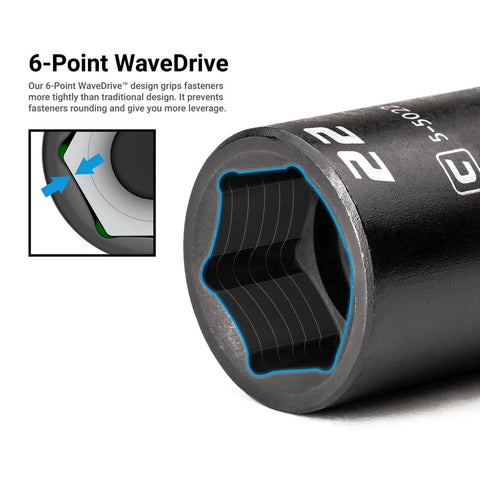Close-up of a 22 mm socket with 6-point WaveDrive design from the Three Eighths Inch Drive Shallow And Deep Impact Socket Set, highlighting grip features.