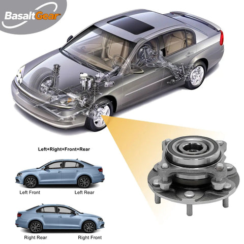 Beefy Front Wheel Hub And Bearing Assembly Pair For 4WD SUVs showing 3D SUV image and product part details with installation positions.