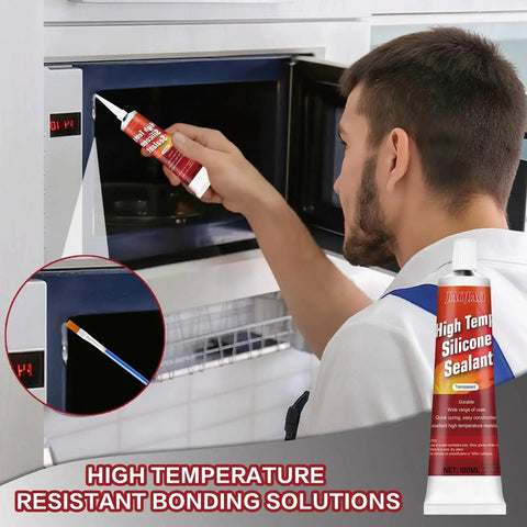 Man applying Heat Resistant High Temp Silicone Sealant for Ovens and Grills, Fast Curing Caulk for Fireplaces, 100ml Transparent.