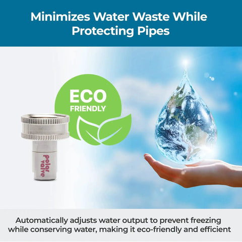 Smart Freeze Protection For Outdoor Faucets With Auto Temperature Control Twin Straight Type Unit Stainless Steel And Nitinol Build Tool Free Installation Winter Ready Water Saving Solution That Stays Flowing When Temps Drop By Polar Valve, shown eco-friendly feature.