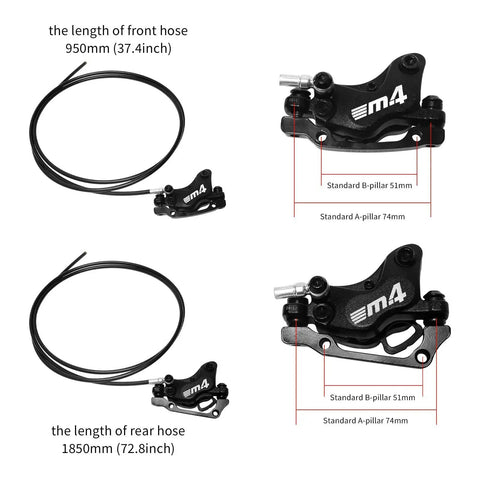 ZTZ 4-piston eBike hydraulic brake set; front 950mm and rear 1850mm hoses, pre-bled, adapters, pair of M4 calipers.