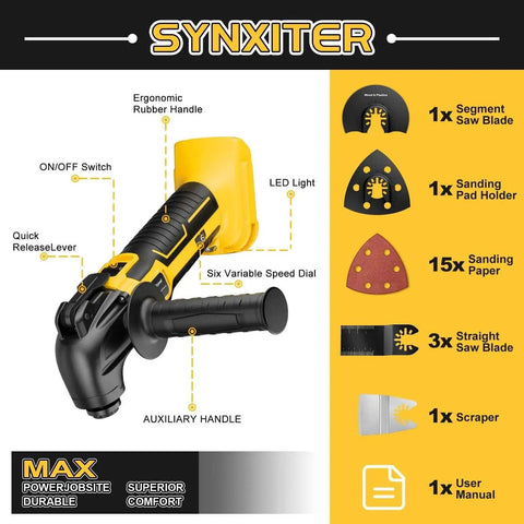 Cordless Oscillating Tool for Dewalt 20V Battery Bare Tool Synxiter Brand Six Variable Speed Brushless Motor kit contents