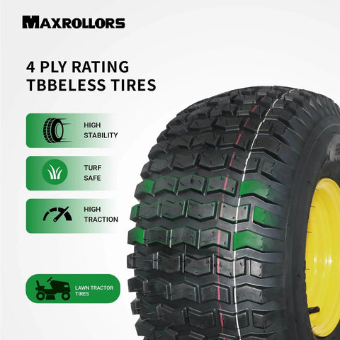 Close-up view of a tubeless lawn mower tire and wheel with 4-ply construction, marked for high stability, turf safety, and traction.