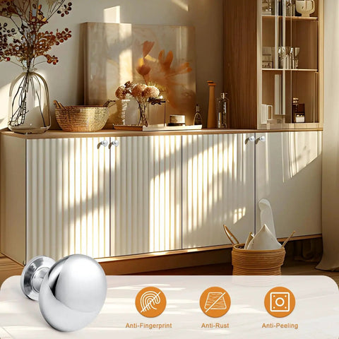 Polished Chrome Cabinet Knobs 5 Pack Round Furniture Knobs 1-3/16 Inch Diameter installed on kitchen cabinets