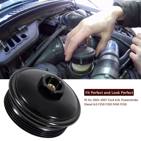 Fuel Pressure Test Kit With Billet Cap And Pressure Port For Ford 6.0L Diesel showing billet cap installation in engine