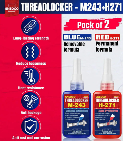 Blue And Red Thread Lock For Nuts Bolts And Fasteners Medium High Strength Lock Tight With Anaerobic Curing Pack of 2