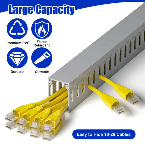 Under Desk Cable Management Raceway Kit 6X 16.5 Inch Sections, 99 Inch Total Length, Open Slot PVC Wire Raceways with yellow cables