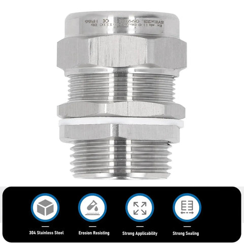 Industrial Grade Explosion Proof Cable Gland Connector In 304 Stainless Steel IP66 Double Sealed, front view with durability icons