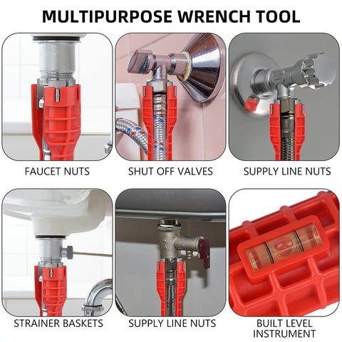 All In One 14 In 1 Sink Wrench Kit for Toilet Faucet and Kitchen Plumbing Installations showing tool on nuts and valves.