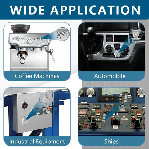 Wide application of Six Pack 12mm Momentary Push Button Switches 2 Pin SPST 1NO Aluminum Alloy Round Shell in coffee machines, automobiles, industrial equipment, and ships.