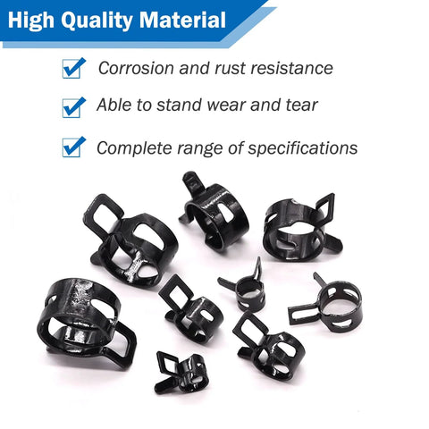 Spring band hose clamps set, 80 pcs, black metal, sizes 7–18 mm for vacuum hoses and low-pressure air lines