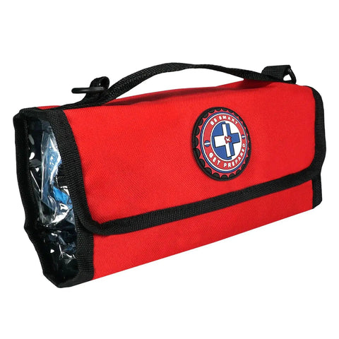 Red roll-up bag for Ready To Go 73 Piece Coaches And Team Sports First Aid Kit for clean treat protect wounds at home or travel