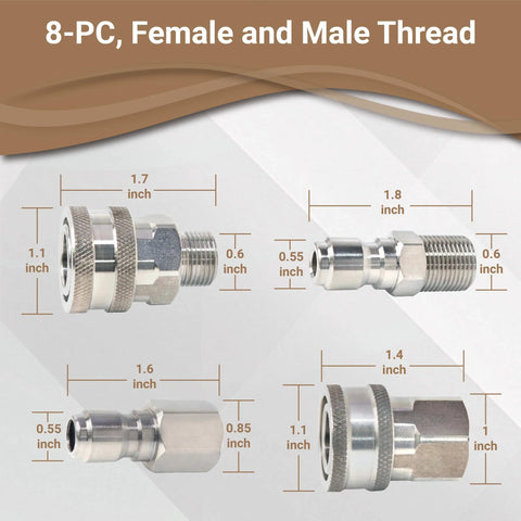 8-pc stainless steel Cenforge quick-connect pressure washer fittings set with 3/8 in male and female threads