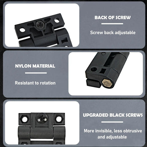 Adjustable Torque Hinges Set 10 Pack GTILE 43x36mm Position Control Door Hinges in black, back view, nylon material, includes screws.