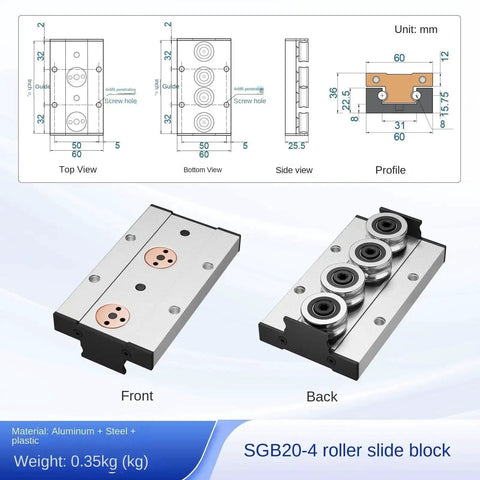 Front and back view of SGB20-4 roller slide block for CNC, 35mm width, aluminum and steel material, diagram included.