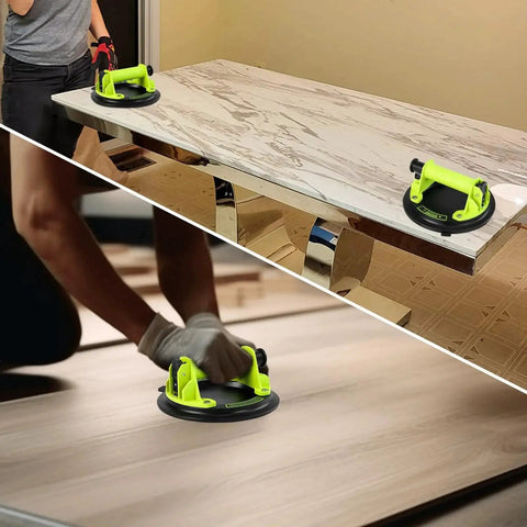 DEWINNER 8-inch glass suction cups, 2-pack with neon-green handles and black bases; heavy-duty vacuum lifter.