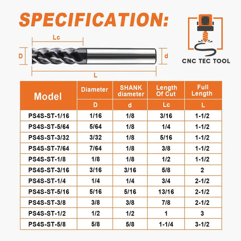 Specifications chart showing dimensions for Five Eighths Inch Four Flute Square End Mill With Forty Five Degree Helix Carbide End Mill Pro Grade AlTiCrN Coated For Milling Alloy Steels And Hardened Metals HRC 50 Ideal For Roughing And Finishing In Metalworking Projects.