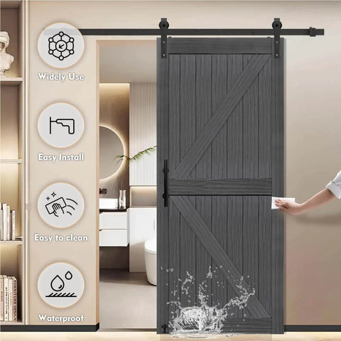 Deep Gray MDF Barn Door With British Brace Knotty Style, 48 By 84 Inches, installed with sliding door hardware kit