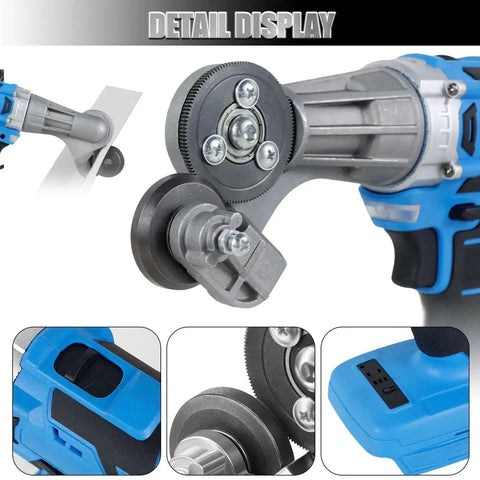 Detail display of Electric Drill Plate Cutter 18V and 21V Double Headed For Metal Sheets, showing cutting mechanism and design features.