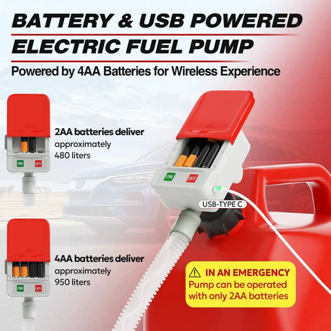 Battery and USB powered electric fuel pump with 4AA battery capacity, featuring red nozzle and USB Type-C connector for fuel transfer.