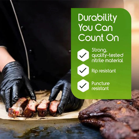 Person wearing Black Nitrile Gloves Heavy-Duty 6 Mil Chemical Resistant Disposable Cleaning while handling food.