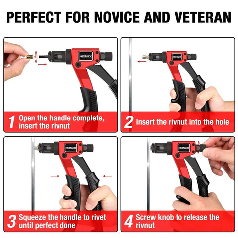 Instructions for using the Rivet Nut Tool Kit Right Angle 8 Inch Built For Tight Spaces With Step Drill Bit and 80 Nutsets