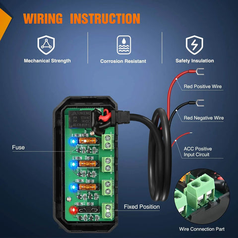 12V Motorcycle Fuse Box With 20A Low Profile Terminal Block And LED Indicator, 4 Circuits Protection, wiring view
