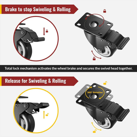 Heavy Duty 3 Inch Caster Wheels Set Of 4 Swivel Castors With Safety Brake for total lock and release mechanism demonstration