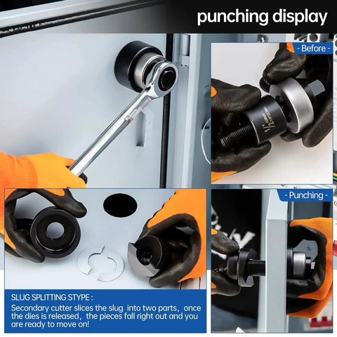 Manual Knockout Hole Punch Kit for electrical conduit installation, showing process with steel punches, before and after punching.