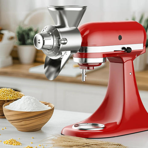 All Metal Grain Mill Attachment For KitchenAid Stand Mixers With Nine Adjustable Grinding Levels on red mixer, bowls with flour and grain