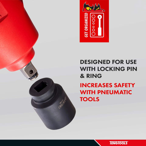 11mm Half Inch Drive 6 Point Metric Shallow Chrome Molybdenum Impact Socket used with pneumatic tool, focusing on locking pin feature.