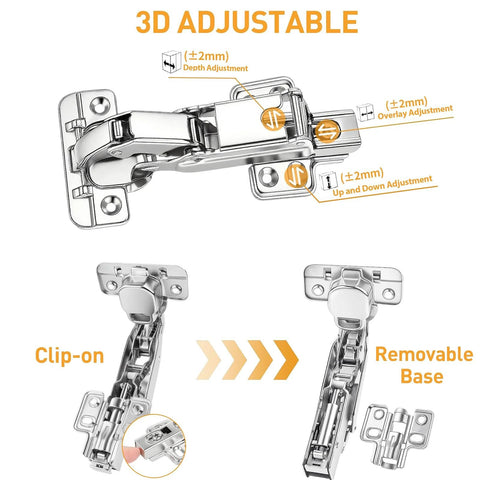 TamBee 175° cabinet hinge, 48mm concealed hydraulic soft-close, nickel-plated steel, 2-pack with removable base.