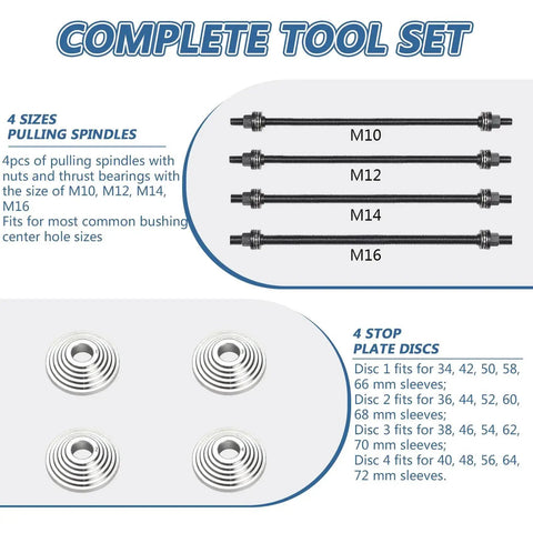 28 Piece Press And Pull Sleeve Kit with pulling spindles and stop plate discs for bushing, bearing, and seal removal and installation.