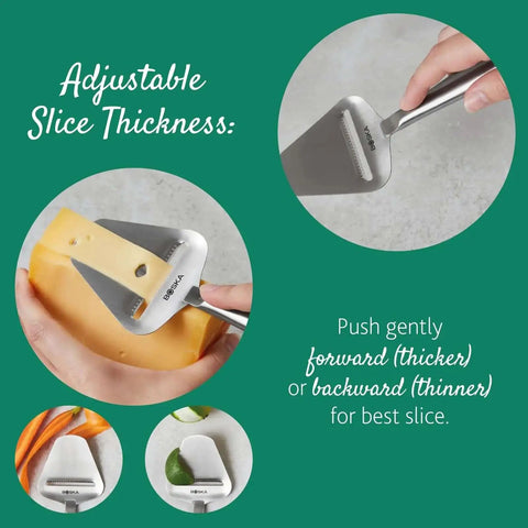 Stainless Steel Cheese Slicer Copenhagen Multifunctional Kitchen Tool demonstrating adjustable slice thickness feature.