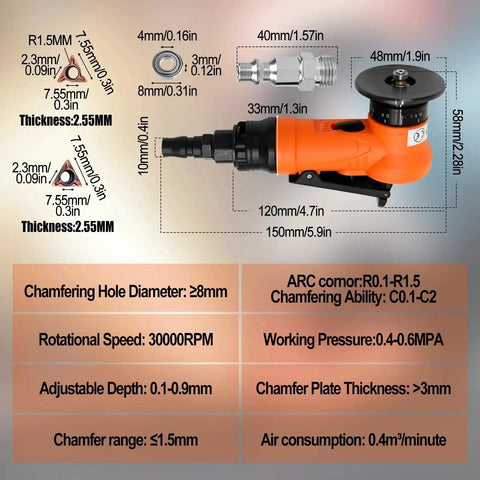 2 In 1 Mini Pneumatic Chamfering Tool For Right Angles And Round Corners, 30000 RPM Handheld Beveling Deburring Machine with specifications chart, lightweight portable orange