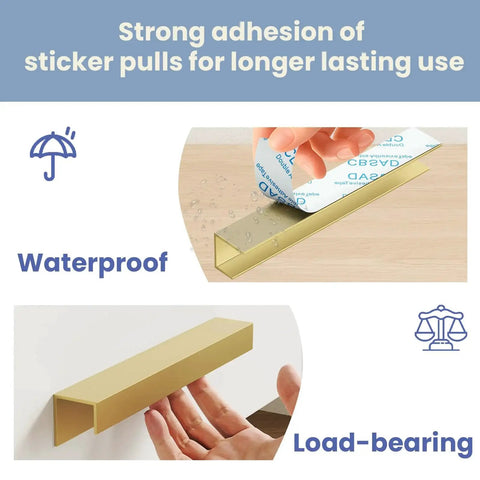 10 Pack Self Adhesive Cabinet Pulls 5 Inch Gold Finger Handles; adhesive application shown, features waterproof and load-bearing use.
