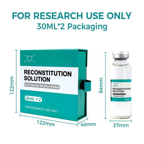 Reconstitution solution glass vials, 30mL 2-pack, teal packaging box and labeled 30mL bottle for research use (Amazon)