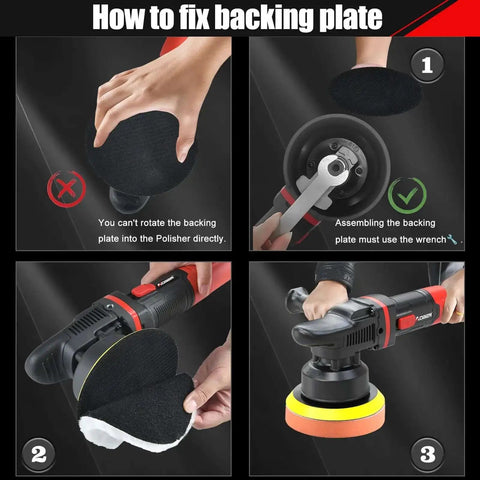 Instructions for assembling backing plate on 6 Inch Dual Action Car Buffer Polisher With Detachable Handle Pro Grade Random Orbital Polisher Kit.