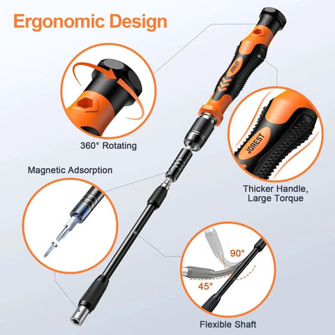 Ergonomic design of 117 In 1 Precision Screwdriver Set With Torx Triwing Bits, featuring 360° rotation, flexible shaft, and magnetic tip.