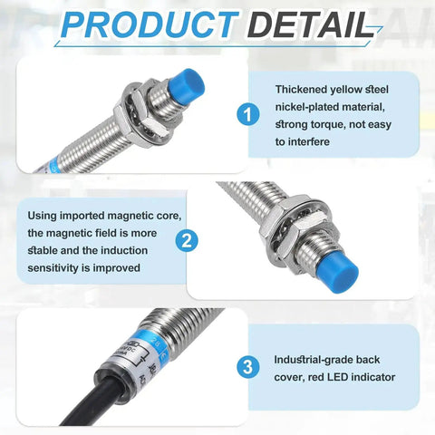 Inductive Proximity Sensor 2 Pack Workhorse Pro Grade PNP No M8 DC 6 to 36V 300mA 2mm Sensing Distance 2 Wire Industrial Automation Sensor with nickel-plated material and red LED indicator.
