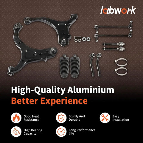 labwork 10-piece front suspension kit for Santa Fe 2007-2012; includes front lower control arms, ball joints, tie rods
