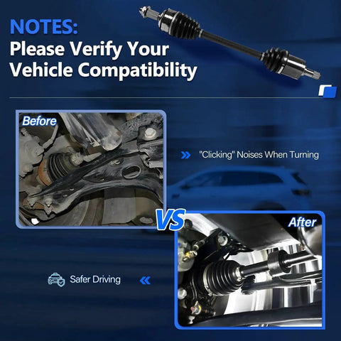 Front CV Axle Shaft Set for Honda Accord 2009-2017 and Acura TSX 2009-2013 shown before and after installation for comparison