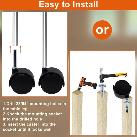 Installation steps for 4 Pack M8 Grip Neck Stem Caster Wheels 2 Inch Black Nylon Swivel on furniture legs