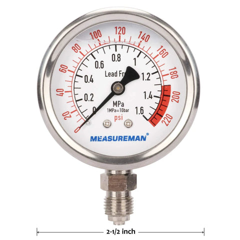 MEASUREMAN pressure gauge, 2-1/2 in dial, stainless steel case, 0–220 psi (0–1.6 MPa), 1/4 in lower mount