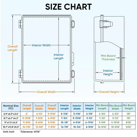 Size chart for Outdoor Waterproof Electrical Box Junction Enclosure With Hinged Cover Built Tough IP67 Rated ABS Plastic Housing